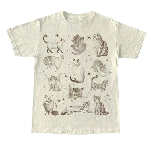 90s Tattoo Cat Tshirt, Retro Kitten Nature Shirt, Cat Lovers Gift, Cats In Space Unisex Relaxed Tee, Funny Gifts Top Menswear Streetwear