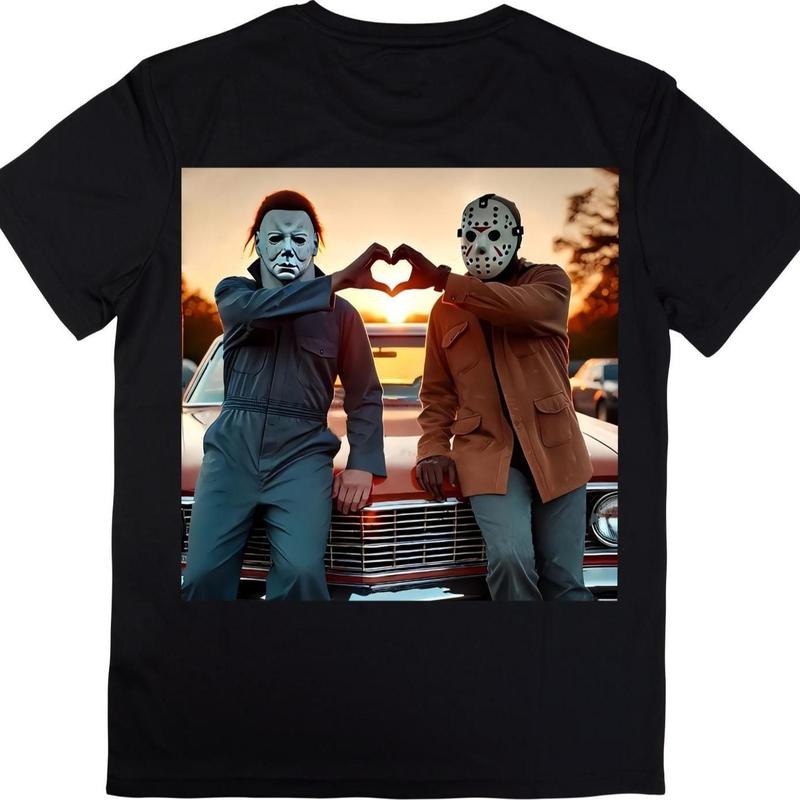 90s Vintage Retro Heart Hands Michael and Jason Halloween T-shirt - Sweatshirt - Hoodie, Retro Horror Movie Shirt, Michael Myers Shirt, Comic Art Halloween Shirt, Menswear Top, Spooky Season Apparel