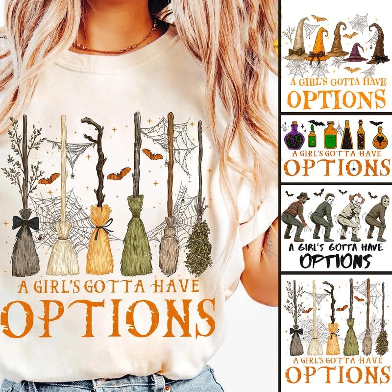 A Girl Gotta Have Options Shirt, Retro Halloween, Witch Hat, Poison Bottle, Horror Character, Broomstick, Spooky Season, Trendy Halloween