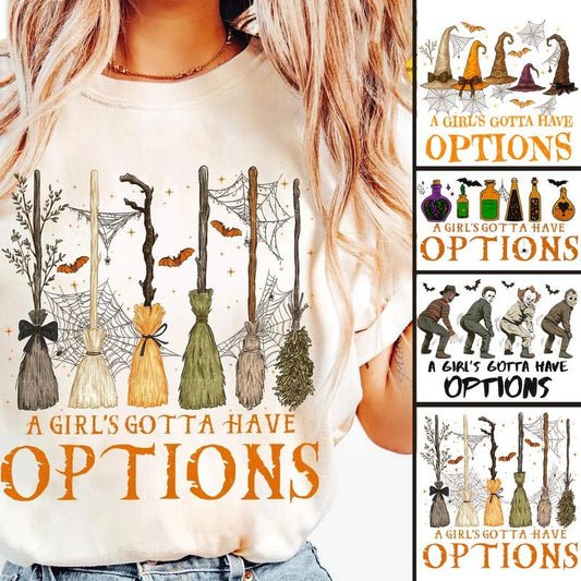 A Girl Gotta Have Options Shirt, Retro Halloween, Witch Hat, Poison Bottle, Horror Character, Broomstick, Spooky Season, Trendy Halloween
