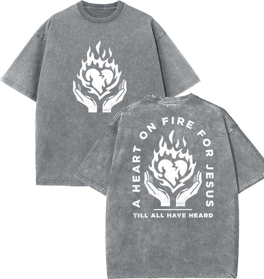 A Heart On Fire For Jesus Unisex Washed T-Shirt,  Christian Tshirts, Vintage 90s Graphic Tee, Gift Top Womenswear Cotton Mineral Color