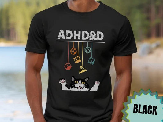 ADHD&D Funny Cat Shirt, ADHDnD Gift for Cat Lover Shirt, DM Gift, Funny DnD Gift TTRPG Tshirt, Playful Cat Playing Dice Shirt