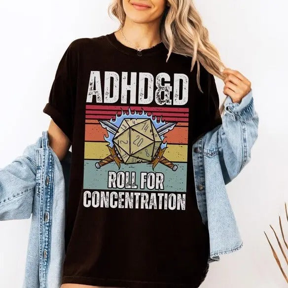 ADHD&D Roll for Concentration Retro T-Shirt Sweatshirt Hoodie, Dungeons and Dragons, Dnd T-shirt, DnD Vintage Tee, ADHD Unisex Tee DnD Shirt, RPG Gift