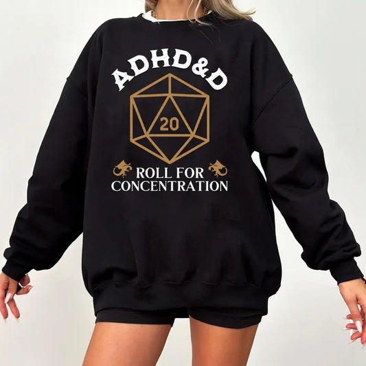 ADHD&D Roll for Concentration Sweatshirt, Dungeons and Dragons Dnd T-shirt, DnD Vintage Tee, ADHD Unisex shirt, DnD Shirt, RPG Gift, Dungeons Master Sweatshirt, D20 Shirt