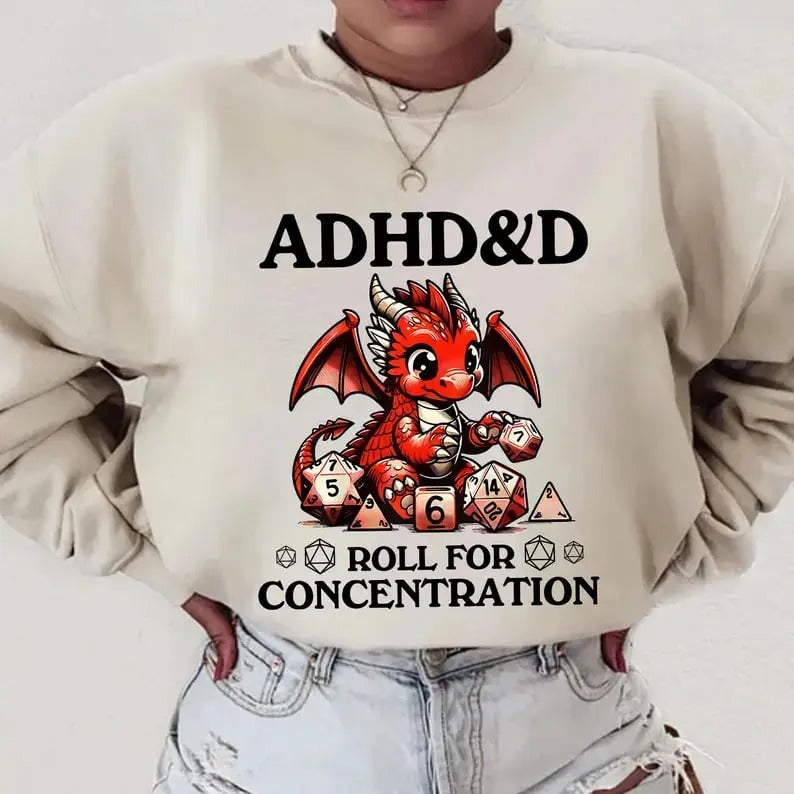ADHD&D Roll for Concentration Sweatshirt, Dungeons and Dragons Dnd T-shirt, DnD Vintage Tee, ADHD Unisex shirt, DnD Shirt, RPG Gift, Dungeons Master Sweatshirt, RPG Shirt, DnD Class Shirt, D&D Clothing, D and D Character Class T Shirt, Rogue Shirt