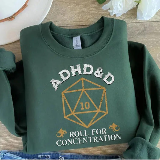 ADHD&D Roll for Concentration Sweatshirt, Dungeons and Dragons T-shirt, DnD Vintage Tee, ADHD shirt, DnD Shirt, RPG Gift, Dungeons Master Sweatshirt