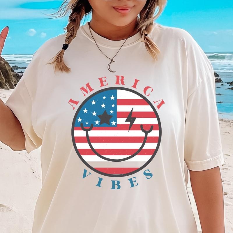 AMERICA VIBES SMILEY FACE 2 SHIRT, 4TH OF JULY SHIRT, JULY 4TH SHIRT UNISEX COTTON SHIRT, OVERSIZED HOLIDAY SUMMER SHIRT Comfort Fabric Top Womenswear Underwear Lady