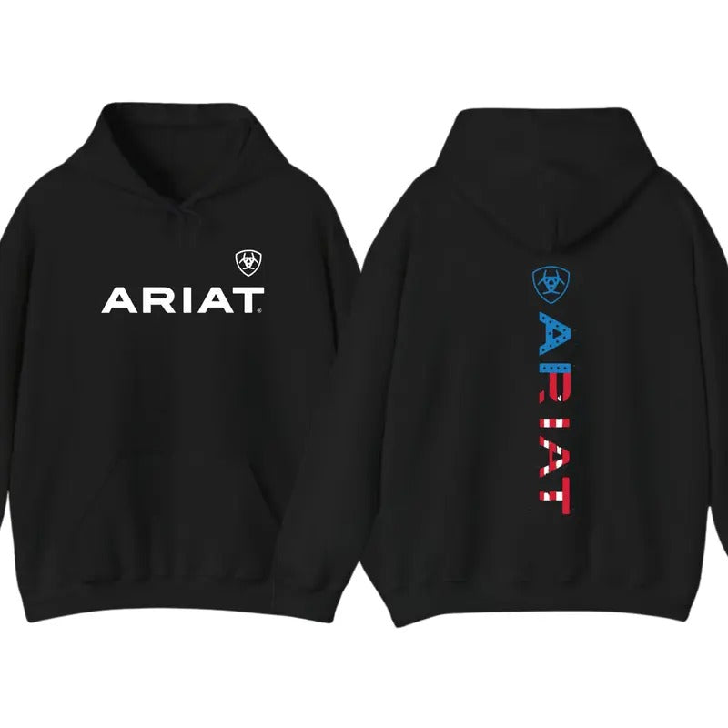 ARIAT Hoodie Sweatshirt T-Shirt, Vertical logo design with bold American flag pattern, For Men, For Women