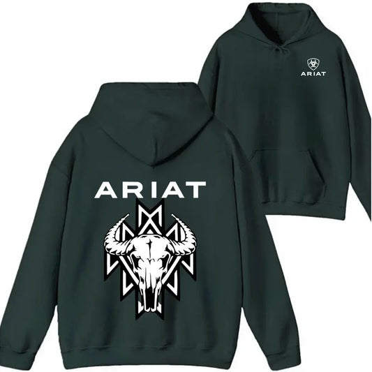 ARIAT Hoodie Sweatshirt T shirt- Bold Bull Skull Design with Tribal Pattern, Ideal for Western Fashion Enthusiasts Unisex Menswear Tops Pullover Long Sleeve Casual