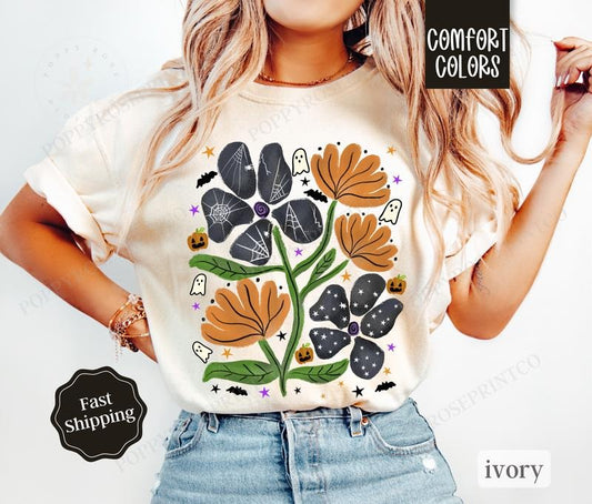 Abstract Halloween Shirt Comfort Colors, Fall Ghost Tshirt,  October Vibes Shirt for Women Oversized Crewneck Tee