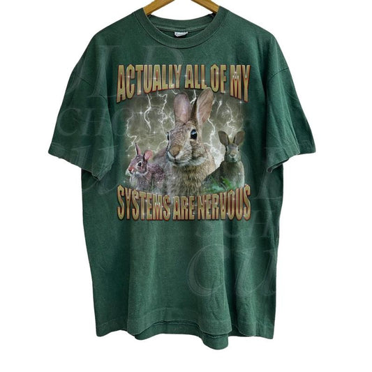 Actually All Of My Systems Are Nervous Vintage T Shirt, Retro 90s Bootleg Shirt, Funny T Shirt,Funny Gifts For Friends, Oversized Rabbit Tee Menswear Top Underwear Tshirt Streetwear Round Neck
