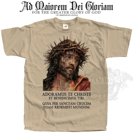 Adoramus Te Christe Jesus Christ T SHIRT Catholic Tee All Sizes S-5XL Natural Vintage Beige White Black