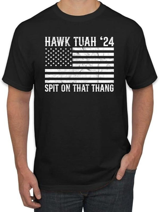Adult Humor Shirts, Hawk Tuah '24 Spit On That Thang USA Flag Pop Culture T-Shirt Fashion Casual Classic