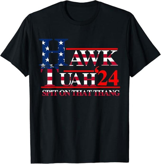 Adult Humor Shirts, Hawk Tuah 24 Spit On That Thang Usa Flag Pattern T-Shirt Menswear Top Casual Classic