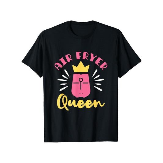 Air Fryer Queen 100% Cotton T-Shirt - Casual Crew Neck Printed Tee, Short Sleeve, Slight Stretch, All-Season Comfort, Perfect for Foodies & Chefs, Ideal Gift for Thanksgiving, Christmas, New Year - Black Made in USA