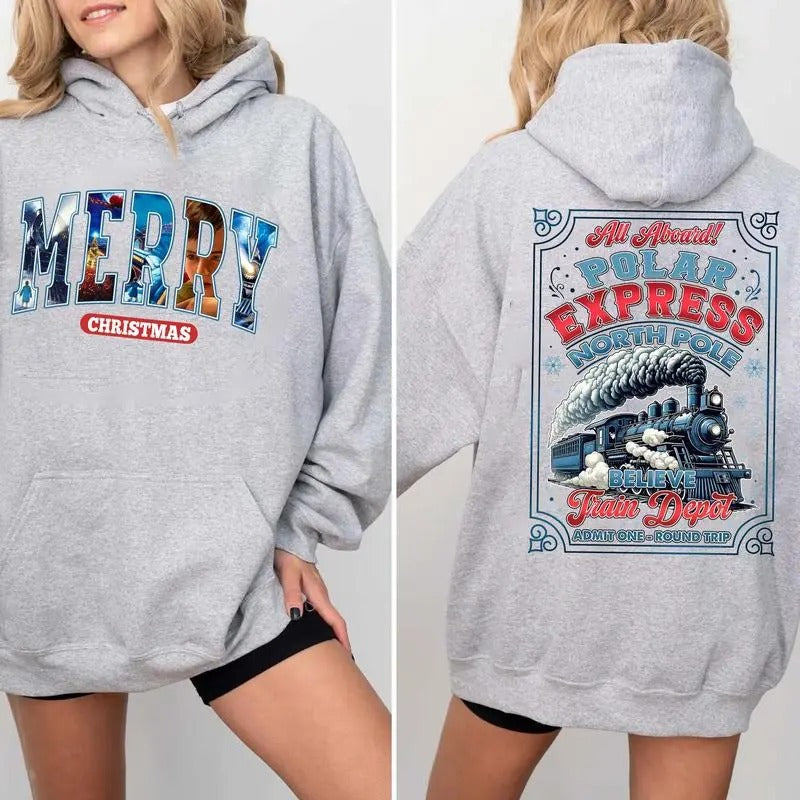 All Aboard Admit One Believe Shirt, Retro Christmas Blue Express Train Shirt, Christmas Characters Crew Neck, Gifts For Christmas