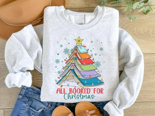 All Booked For Christmas Sweatshirt, Christmas Book Tree Sweatshirt, Christmas Book Lovers TShirt, Xmas Teacher Gift Cotton Fabric