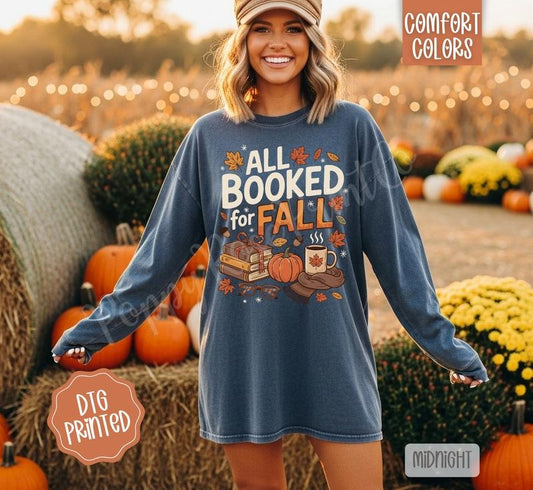 All Booked for Fall Comfort Colors Long Sleeve T-Shirt, Cute Women's Autumn Reading Tee
