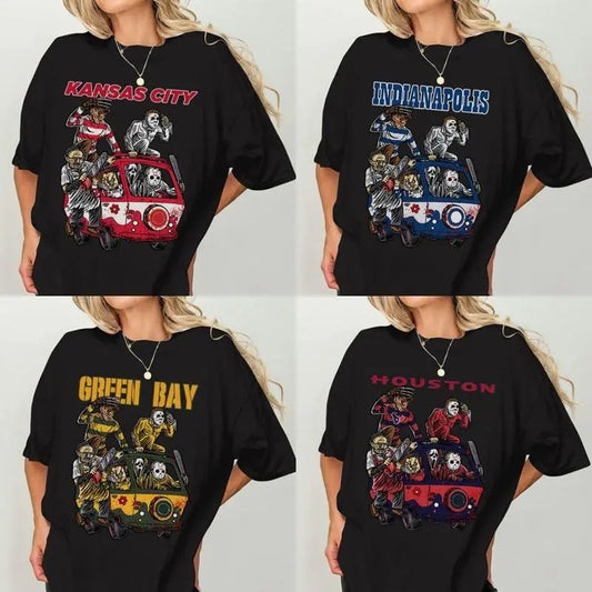 All Team Football Halloween Vintage Graphic T- Shirt, Horrow Movie Character Shirt, All Teams Vintage Football Unisex Tshirt Top Retro Oversized Check