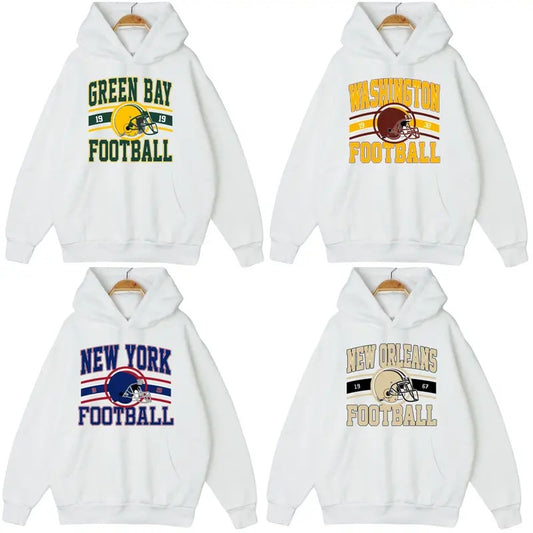 All Teams Football White Hoodie, Big Name City Graphic Tee, Football Hoodie, Cotton Long Sleeve Outfits For Men & Women