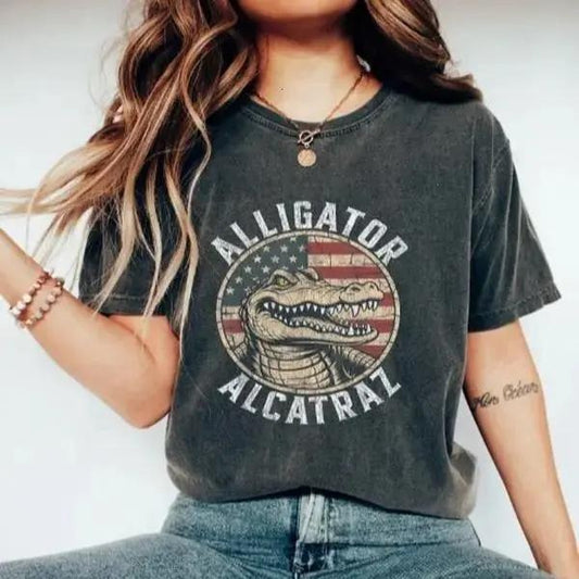 Alligator Alcatraz Graphic T-Shirt, Washed American Flag Croc Shirt, Unisex Vintage Style Top Summer Womenswear