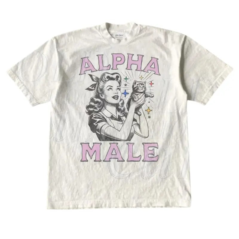 Alpha Male Kitten Retro Graphic T-Shirt, Vintage 1940 Pop Women Holding Kitten Shirt, Funny Sarcastic Cat Shirts, Cat Lovers Unisex Shirt Menswear