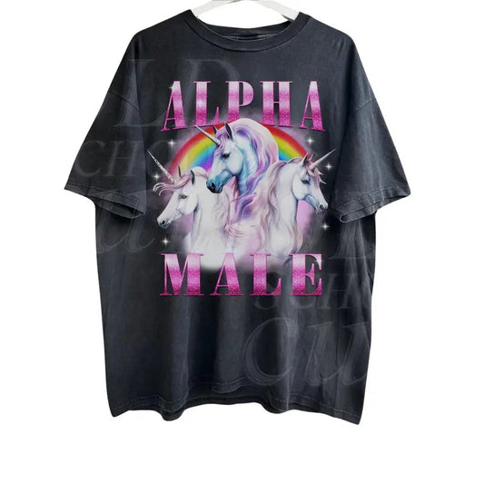 Alpha Male Unicorn Ironic Vintage 90s T-Shirt, Retro Funny Rainbow Unisex Tshirt,, Funny Weird Meme Shirt, Funny Graphic Tee, Offensive Tees, Meme Shirt