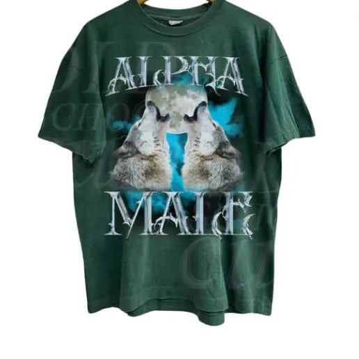 Alpha Male Vintage 90s Wolf T-Shirt, Retro Howling Wolf Moon Tee, Grunge Clothing Aesthetic, Alpha Wolf Tee, Emo Silly Animal Graphic Gamis Tshirt