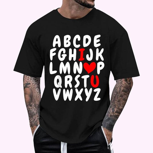 Alphabet ABC I Love You Valentines Day Heart T-Shirt - Men's Regular Fit Letter Graphic Round Neck Tee, Casual Short Sleeve, Crew Neck Shirt for Summer, Fashion Men's Top for daily Wear, Graphic Tees