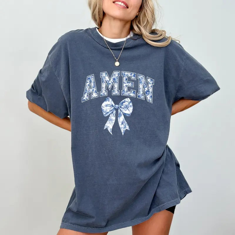 Amen Coquette Bow Comfort Colors Shirt, Coquette Christian T-shirt, Bible Verse Tee, Easter Christian Women Clothing