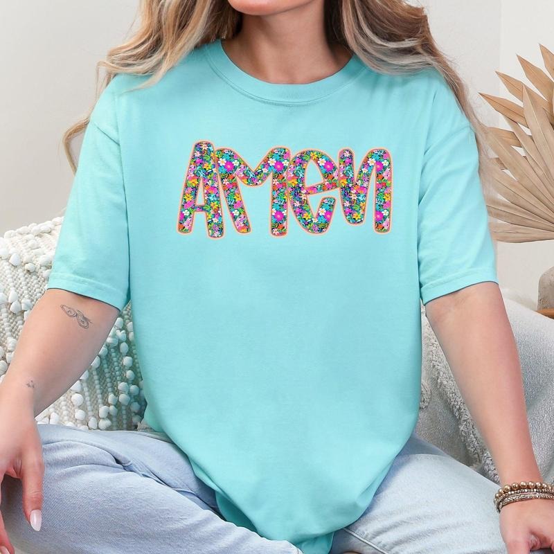 Amen, Christian, Gospel, Faith, Floral, Flowers, Bright, Colorful, Pastels Tshirt, Women's Comfort Colors Tee