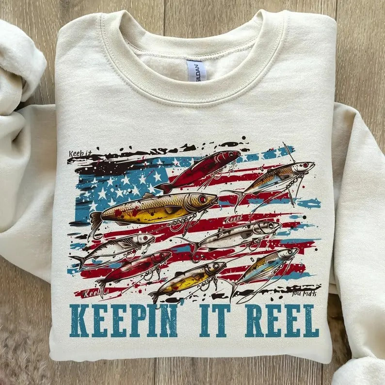 America Fish Flag Keepin' it Reel Unisex Hoodie, Retro Hooker America 4th Of July Shirt, Fourth of July Patriotic Fishing Sweater