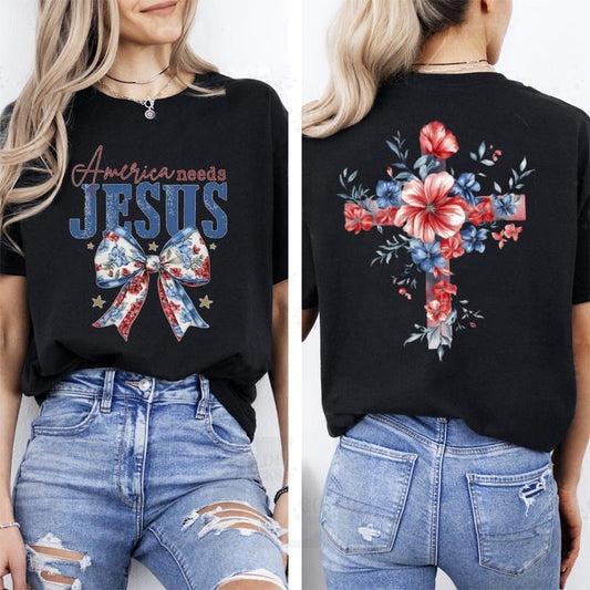 America Needs Jesus  Independence Day Tee Pure Cotton Casual Street Style Crew Neck Short Sleeve T-Shirt Tops Trendy For Women For Men, Perfect Gift