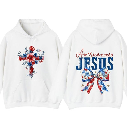 America Needs Jesus Flower 2 Sided TShirt Hoodie, Christian America Coquette Bow Graphic Tee, Usa Flag Flowal Cross Hoodie,Christian 4th of July Merch, Christian Clothing Trendy