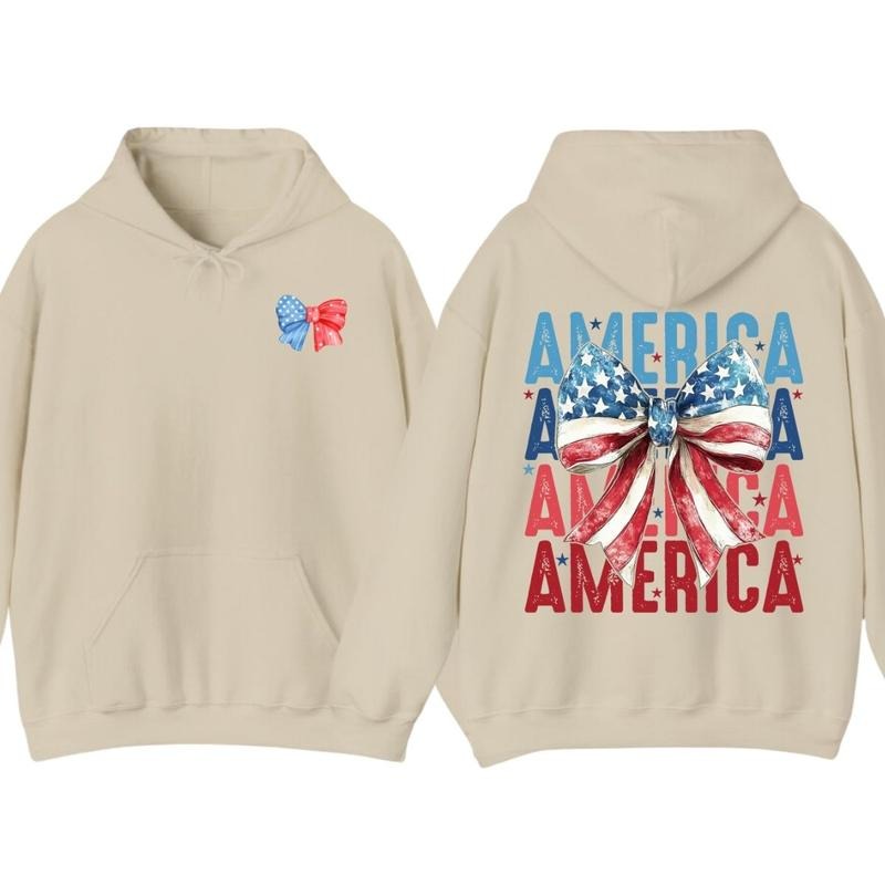 America Text & American Flag Bow 4th of July Era Hoodie T-Shirt, 4th of July Independence Day Patriotic Graphic Tee, Fun 4th July Shirt, Fourth of July Apparel, USA Celebration Shirt For Men For Women