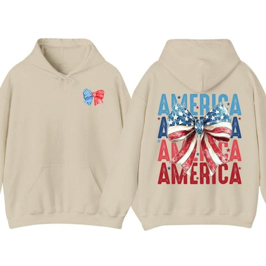 America Text & American Flag Bow 4th of July Era Hoodie T-Shirt, 4th of July Independence Day Patriotic Graphic Tee, Fun 4th July Shirt, Fourth of July Apparel, USA Celebration Shirt For Men For Women