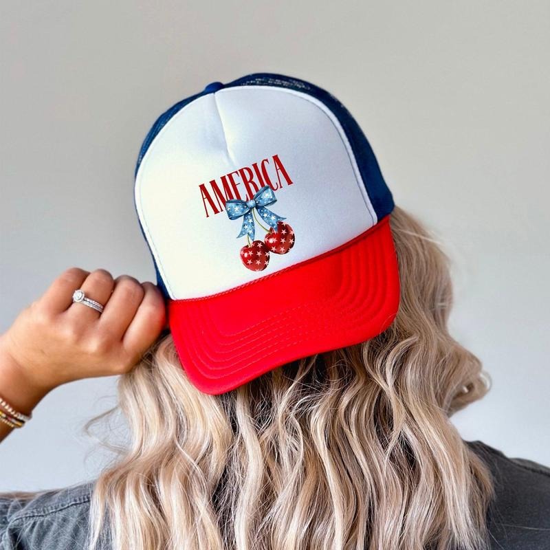 America, Cherries, Patriotic, Snapback Trucker Hat, America, USA, Independence Day, Patriotic Cap for Women, Sassy Graphic Hats