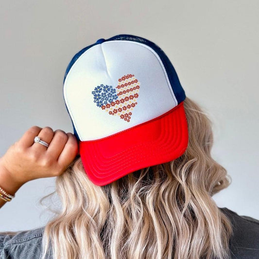 America, Floral Heart, Patriotic, Snapback Trucker Hat, America, USA, Independence Day, Patriotic Cap for Women, Sassy Graphic Hats