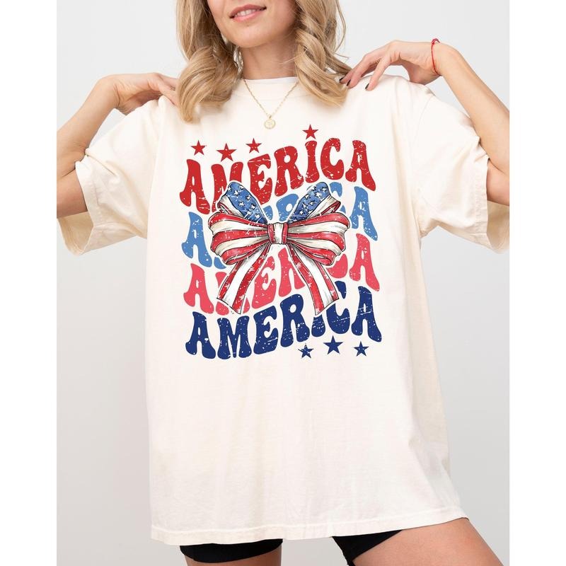 America, Retro, Patriotic Bow, Independence Day, USA, 4th Of July, Fourth Of July Tshirt, Women's Comfort Color Tee, Tshirt