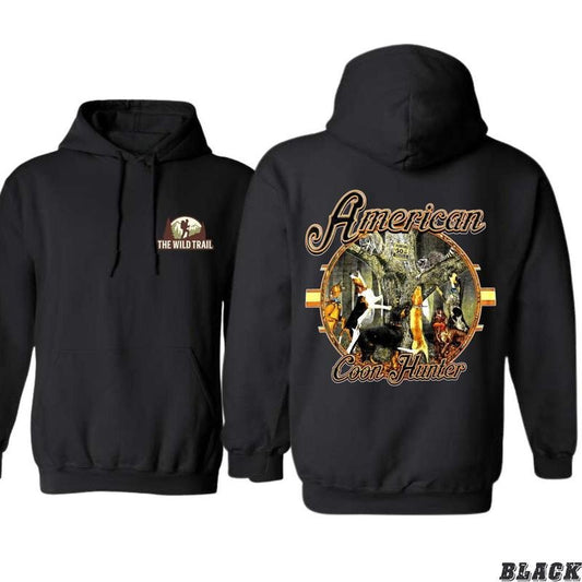 American Coon Hunter Hoodie - Vintage Hunting-Inspired Design with Dogs and Wildlife Graphics, Comfortable Unisex Apparel for Hunting Enthusiasts, Perfect Everyday Menswear for Fans of Outdoor Adventures and Nature
