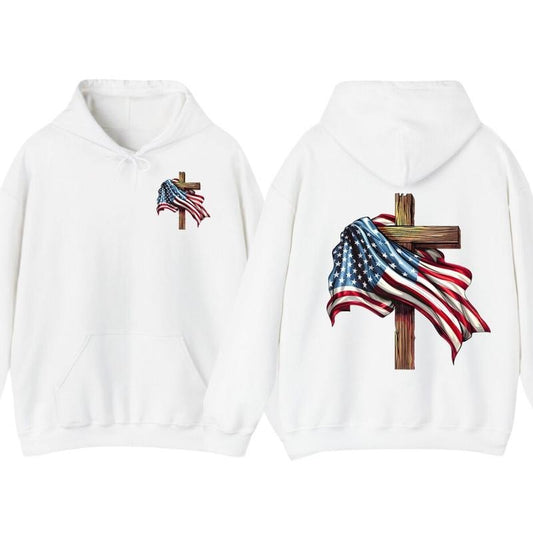 American Flag & Cross Print T-Shirt Hoodie, American Flag 4th of July Graphic Tee, Memorial Day Shirt, Christian Clothing Gift For Everyone, Full Size, Full Color