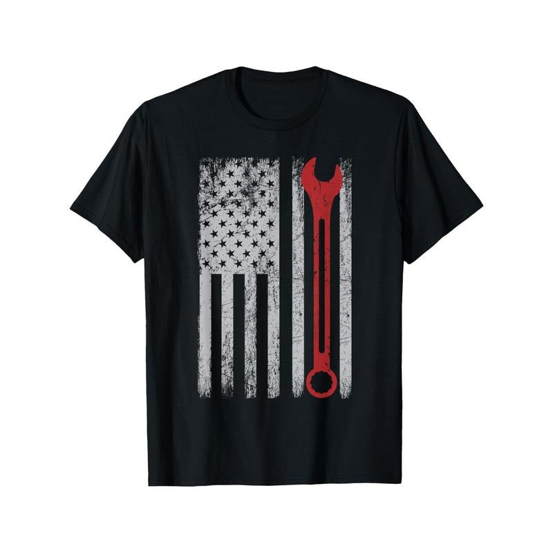 American Flag & Mechanic Tools Graphic Tee - 100% Cotton, Breathable Casual T-Shirt for Men, Perfect for Casual Attire made in usa