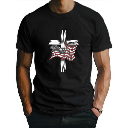 American Flag And Cross Print Tee Shirt, Tees For Men, Casual Short Sleeve T-shirt For Summer Made in USA