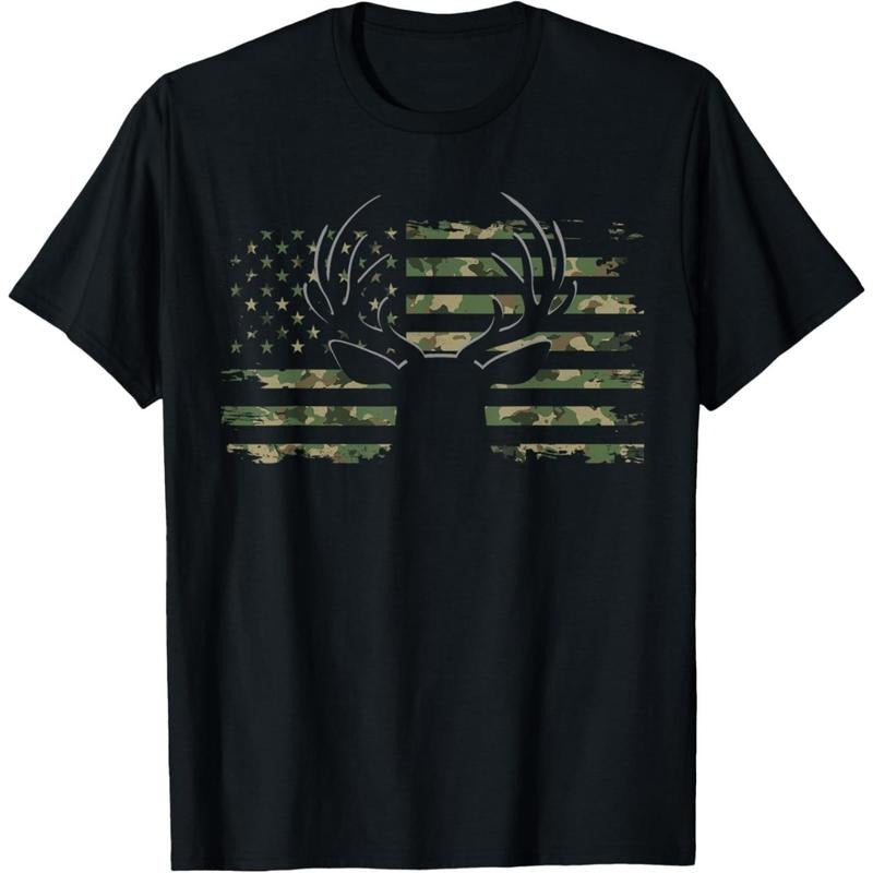 American Flag Camouflage Outdoor Antlers Deer T-Shirt made in usa