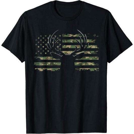 American Flag Camouflage Outdoor Antlers Deer T-Shirt made in usa