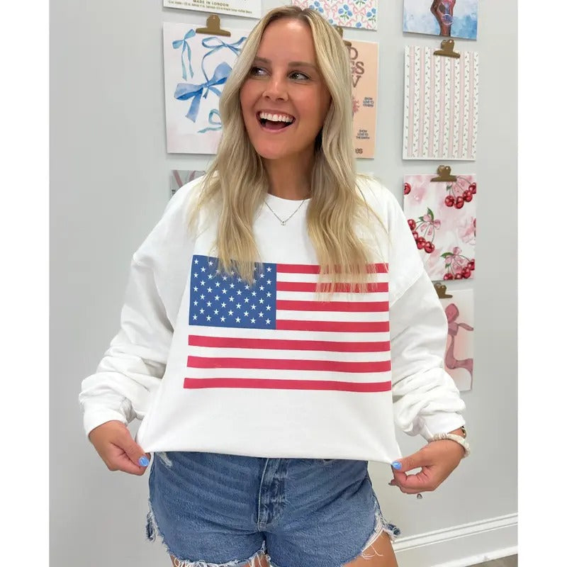 American Flag Crewneck Sweatshirt - Classic Design with Flag Pattern, Comfortable Fit, and Versatile Style