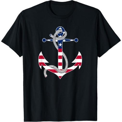 American Flag Patriotic Anchor - Memorial Day 4th Of July T-Shirt Made in USA