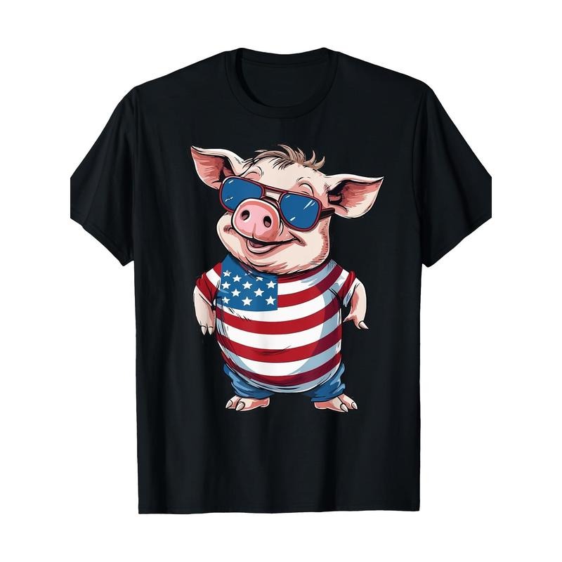American Flag Pig Graphic Tee for Men - Soft Cotton, Comfort Fit, Perfect Gift for Dad, Mom, Boyfriend, Girlfriend on Thanksgiving & Christmas made in usa
