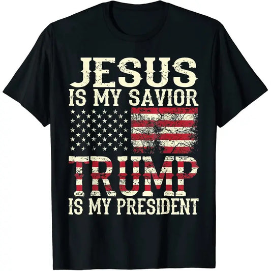 American Flag Tee Jesus Is My Savior Trump Is My President T-shirt Casual Graphics Tops Summer Gift Tee Black Graphic Tee Tops Underwear Crewneck Menswear T Shirt