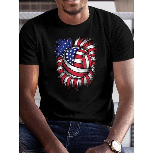 American Flag Volleyball Fusion Print Men's Crew Neck Short Sleeve Tee Fashion T-Shirt, Casual Comfy Breathable Top For Spring Summer Holiday Leisure Vacation Men's Clothing As Gift made in usa